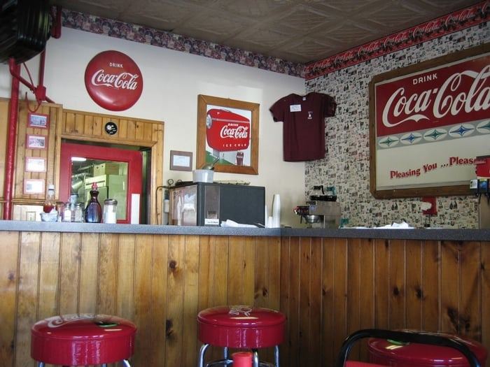 Red stools at the counter under a vintage Coca-Cola sign